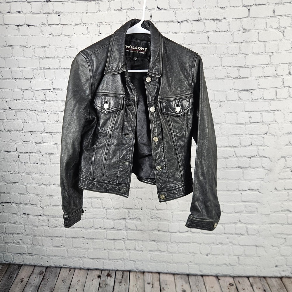 Wilsons The Leather Experts Black Leather Trucker Jacket Womens Medium M